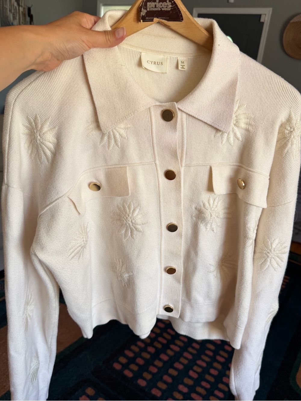Cyrus Cream Knit Button-Front Cardigan with embroidered floral lapel